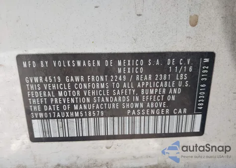 2017 Volkswagen Golf Sportwagen Tsi S from USA, damaged, VIN 3VW017AUXHM518579